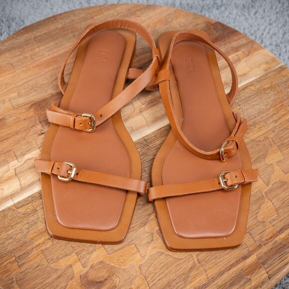 Zara Brown Leather Criss Cross Sandals Gold Buckle Size 39 - Picture 2 of 5